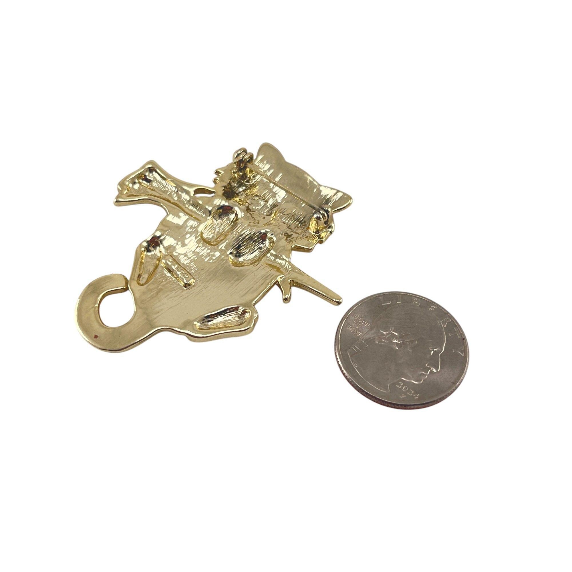 Broche Art Déco Vintage - Chat En Métal Doré Avec Yeux En Verre Et Balle Nacrée, Occasion, Sans Marque