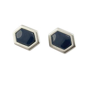 YSL Vintage Hexagon Clip-On Earrings Silver Black Inset Statement Jewelry