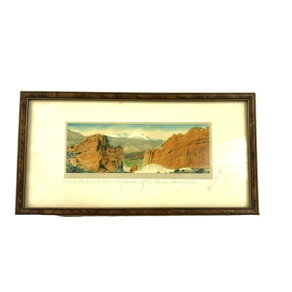 Hand Tinted Photograph from 1920s by Harry Standley Pikes Peak 5.75 by 11.25 inches framed