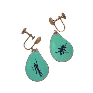 Vintage Copper and Green Enamel Dangle Screw Back Earrings