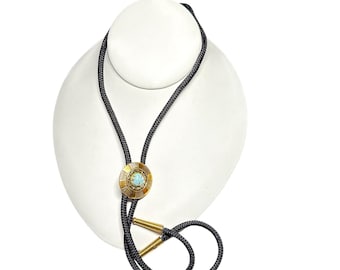 Vintage Western Bolo Tie Black Cord Brass Tips Faux Turquoise Center Slide
