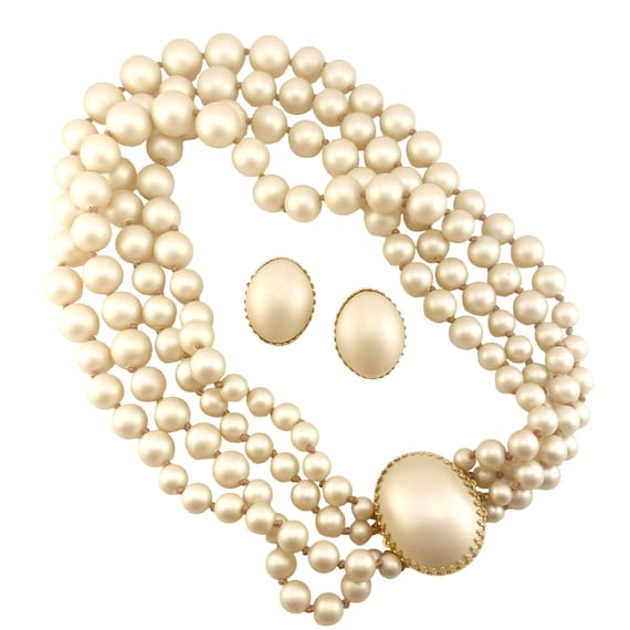 Ensemble Collier + Boucles D'oreilles Clips Vintage RICHELIEU - Fausses Perles Ton Or - Années 80