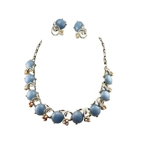 Vintage Blue Moonglow Bead & Faux Pearl Necklace Earrings Set Silver Tone Floral Design