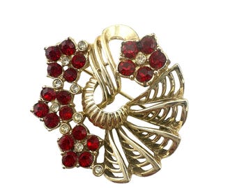 Vintage Red Rhinestone Floral Brooch Pin Gold Tone Flower Cluster Costume Jewelry