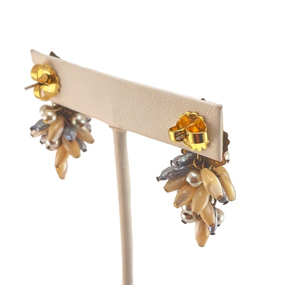 Vintage Gold Leaf Pearl Clusters Dangle Post Earr… - image 9