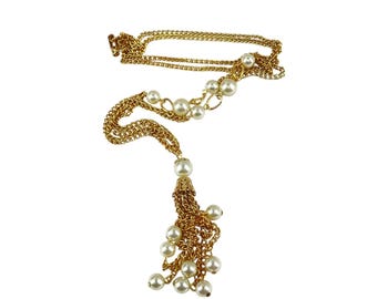 Vintage Gold-Tone Chain With Faux Pearl Tassel Necklace