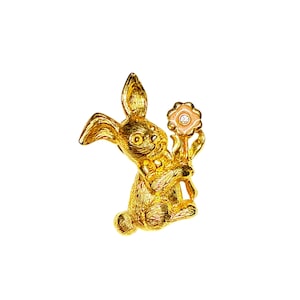 Gold Tone Bunny Rabbit Lapel Pin Holding Flower Vintage Brooch Cute Easter Gift