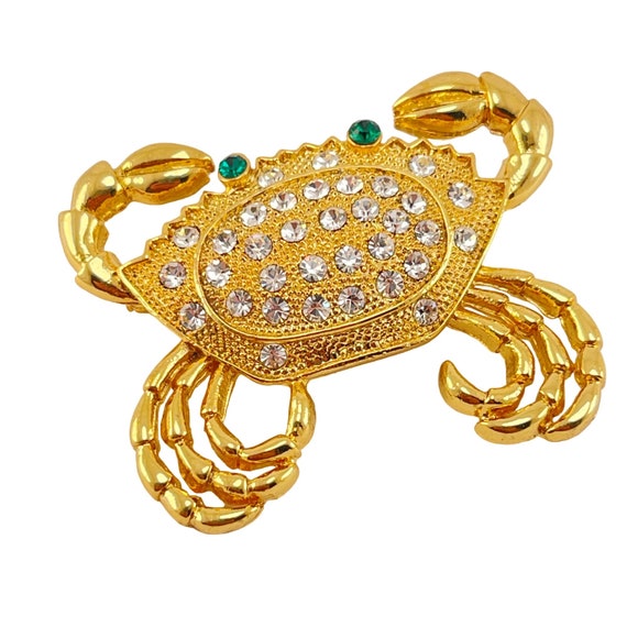 Crab Brooch Pin Green Eyes Rhinestone Gold Plated… - image 1