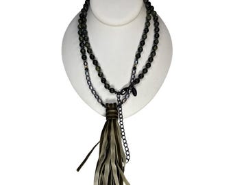 Chico's Boho Beaded Tassel Necklace Faux Leather Fringe Long
