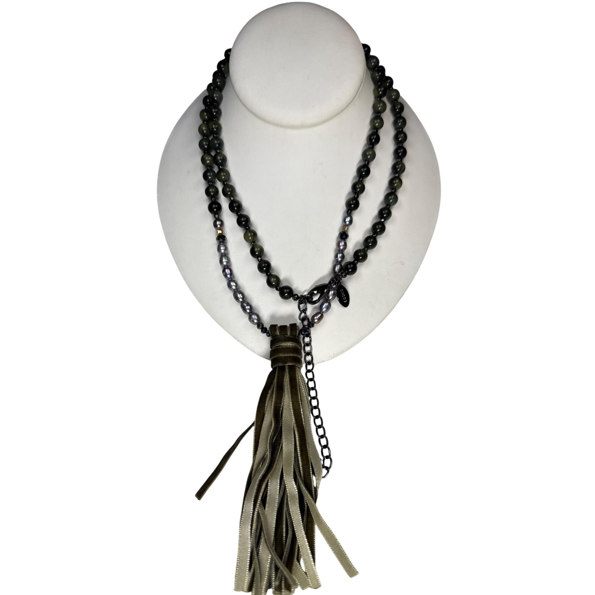 Chico's Boho Beaded Tassel Necklace Faux Leather Fringe Long