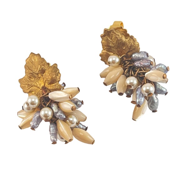 Vintage Gold Leaf Pearl Clusters Dangle Post Earr… - image 1