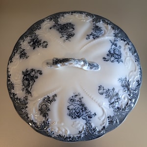 Può includere: Un coperchio in porcellana bianca con un motivo floreale blu e un manico. Il coperchio è per un piatto da portata o una zuppiera.