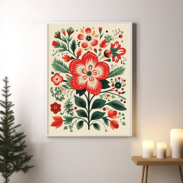 Scandinavian Christmas Folk Art Flower Print - Traditional Holiday Wall Decor - Nordic Style Home Decoration