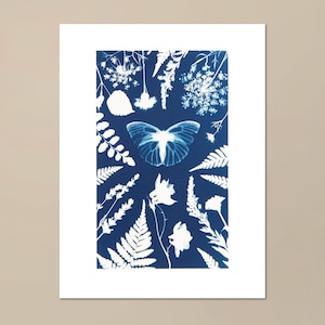 Cyanotype- Butterfly in the Flower Garden, Giclée Print