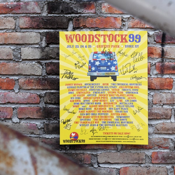 Affiche commémorative de Woodstock 1999 avec signatures d'artistes 18 "x 24" (nouveau)