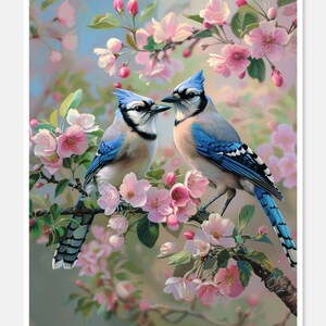 Blue Jays on Crabapple Blooms 1 - getelde kruissteekpatronen - afdrukbare grafiek pdf-formaat handwerken borduren ambachten DIY DMC kleur