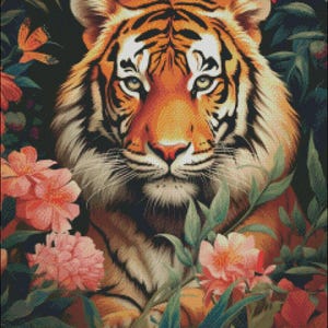 Tijger en bloemen 1 - dieren kruissteekpatronen - afdrukbare grafiek pdf-formaat handwerken borduren ambachten dmc kleur