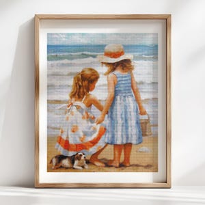 Sister at Beach - Vintage Children Cross Stitch Patterns - Printable Chart PDF Format Needlework Embroidery Crafts DIY DMC color