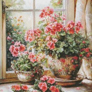 Zomergeraniums - getelde kruissteekpatronen - afdrukbare grafiek pdf-formaat handwerken borduren ambachten DIY DMC kleur