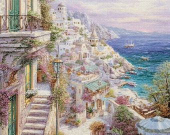 Santorini Cross Stitch Pattern | Mediterranean Seaside Village Embroidery (PDF Download,150/90 Colors)