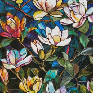 Gebrandschilderd glas magnolia's - getelde kruissteekpatronen - afdrukbare grafiek pdf-formaat handwerken borduren ambachten DIY DMC kleur