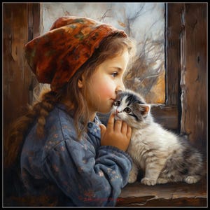 Little Girl Kissing a Kitten - getelde kruissteekpatronen - afdrukbare grafiek pdf-formaat handwerken borduren ambachten DIY DMC kleur