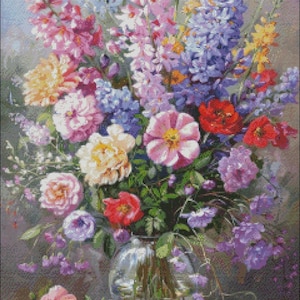 Grillige tuinbloemen - bloemen kruissteekpatronen - afdrukbare grafiek pdf-formaat handwerken borduren ambachten DIY DMC kleur