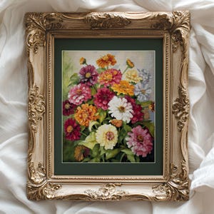Zinnias Bouquet - getelde kruissteekpatronen - afdrukbare tabel in pdf-formaat handwerken borduren ambachten DIY DMC kleur