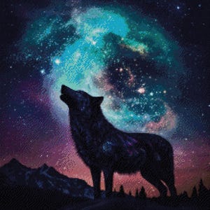 Wolf huilt naar de sterrenhemel - Galaxy kruissteekpatronen - afdrukbare grafiek pdf-formaat handwerken borduren ambachten DIY DMC kleur