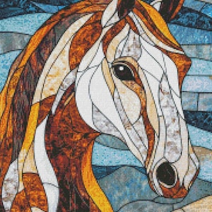 Gebrandschilderd glas paard - getelde kruissteekpatronen - afdrukbare grafiek pdf-formaat handwerken borduren ambachten DIY DMC kleur