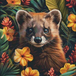 Boommarter gezicht bloemen - getelde kruissteekpatronen - afdrukbare grafiek pdf-formaat handwerken borduren ambachten DIY DMC kleur