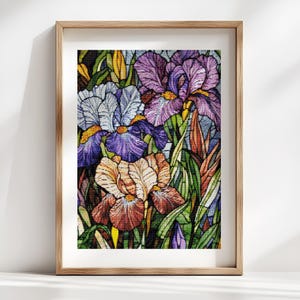 Gebrandschilderd glas iris - bloemen kruissteekpatronen - afdrukbare grafiek pdf-formaat handwerken borduren ambachten DIY DMC kleur