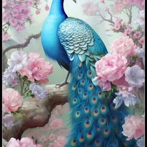 Blauwe pauw en bloemen 1 - getelde kruissteekpatronen - afdrukbare grafiek pdf-formaat handwerken borduren ambachten DIY DMC kleur
