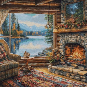 Fireside Whispers - Lake view kruissteekpatronen - afdrukbare grafiek pdf-formaat handwerken borduren ambachten DIY DMC kleur