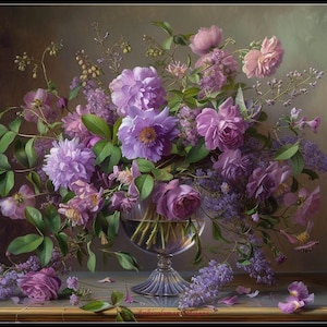 Paarse bloemen in een glazen vaas - bloemen kruissteekpatronen - afdrukbare grafiek pdf-formaat handwerken borduren ambachten DIY DMC kleur