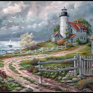 Bay Lighthouse - Village Farm View kruissteekpatronen - afdrukbare grafiek pdf-formaat handwerken borduren ambachten DIY DMC kleur