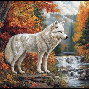 Witte wolf in de herfst - getelde kruissteekpatronen - afdrukbare grafiek pdf-formaat handwerken borduren ambachten DIY DMC kleur