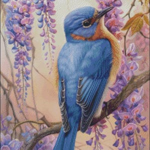 Bluebird in blauweregen - vogel kruissteekpatronen - afdrukbare grafiek pdf-formaat handwerken borduren ambachten DIY DMC kleur