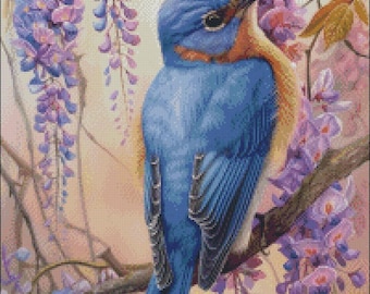 2羽の青い鳥 1 - クロスステッチ図案 - 印刷可能な図案 PDF形式 刺繍
