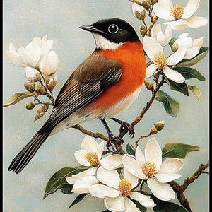 Robin temidden van Magnolia 3 - getelde kruissteekpatronen - afdrukbare grafiek pdf-formaat handwerken borduren ambachten DIY DMC kleur