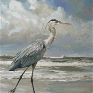 Een grote reiger loopt - getelde kruissteekpatronen - afdrukbare grafiek pdf-formaat handwerken borduren ambachten DIY DMC kleur