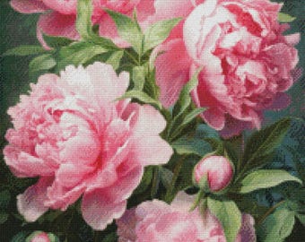 Pink Peonies Counted Cross Stitch Pattern: Floral Embroidery (PDF)