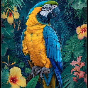 Blauwgele papegaai - vogel kruissteekpatronen - afdrukbare tabel in pdf-formaat handwerken borduren knutselen doe-het-zelf DMC kleur