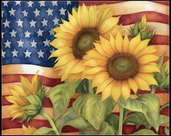 May include: A painting of three sunflowers in front of an American flag. The sunflowers are yellow with brown centers and green leaves. The flag is red, white, and blue.