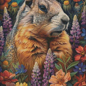 Marmot gezicht bloemen 1 - getelde kruissteekpatronen - afdrukbare grafiek pdf-formaat handwerken borduren ambachten DIY DMC kleur
