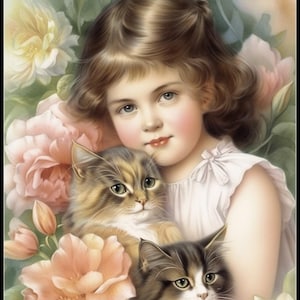 Her Feline Friends - kruissteekpatronen meisjes en katten - afdrukbare grafiek pdf-formaat handwerken borduren ambachten DIY DMC kleur