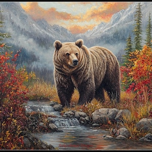 Grizzly in de herfst 1 - getelde kruissteekpatronen - afdrukbare grafiek pdf-formaat handwerken borduren ambachten diy dmc kleur