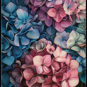 Roze en blauwe hortensia's - getelde kruissteekpatronen - afdrukbare grafiek pdf-formaat handwerken borduren ambachten DIY DMC kleur