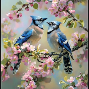 Blue Jays on Crabapple Blooms 2 - getelde kruissteekpatronen - afdrukbare grafiek pdf-formaat handwerken borduren ambachten DIY DMC kleur