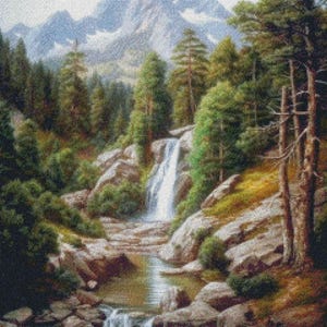 Wasserfall in den Bergen 3 - Landschaft Kreuzstich Muster - Druckbare Karte PDF Format Handarbeiten Stickerei Handwerk DIY DMC color